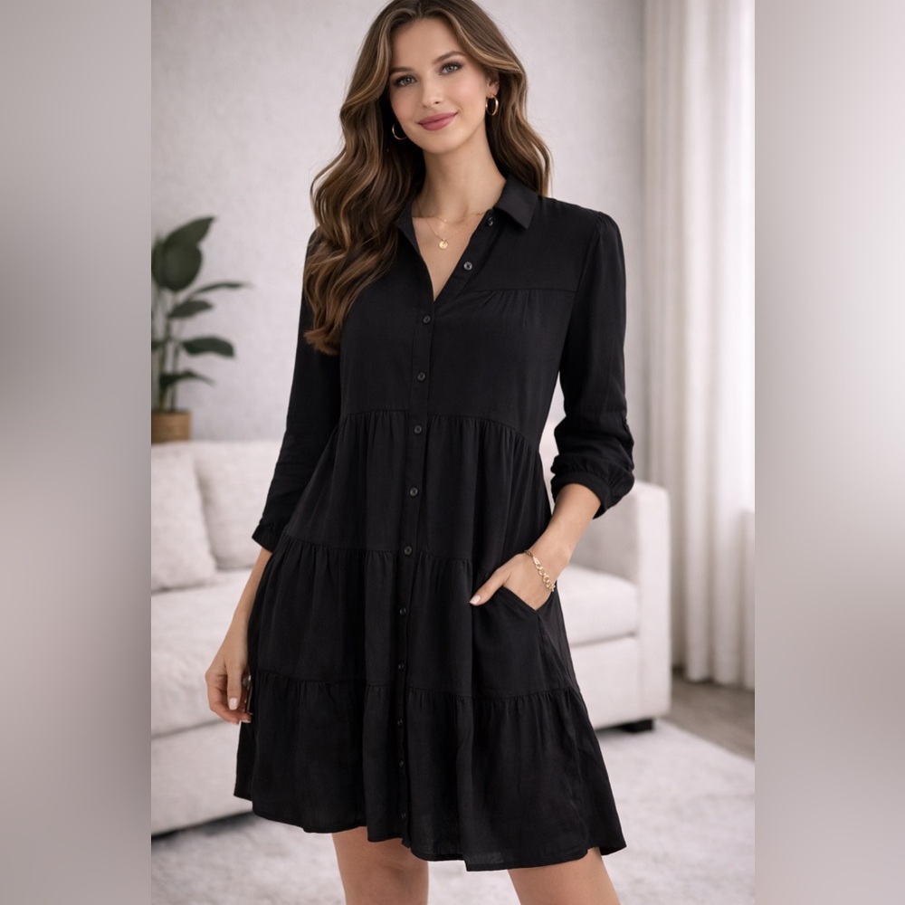 Harper Heritage Black Tiered Button Front Mini Dress Size S
